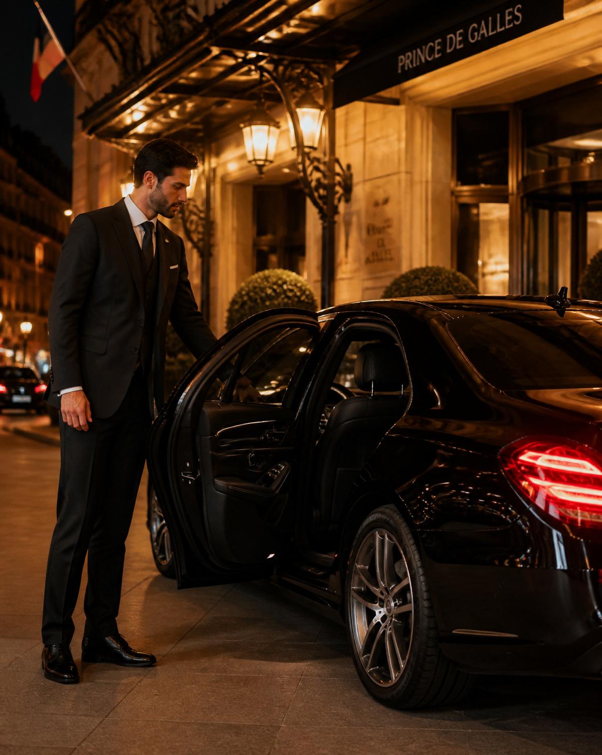 Chauffeur professionnel en costume élégant ouvrant la porte d'une berline noire haut de gamme devant un hôtel parisien